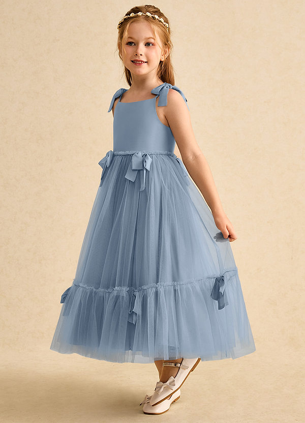 Azazie Jaci Blumenkinder Kleider A-Linie Spaghetti Riemen Chiffon Kleid Staubblau image1