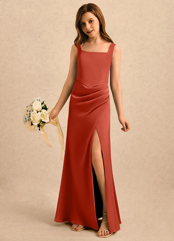 Azazie Noah Girls Formal Flower Girl Dresses Rust Sheath Pleated Stretch Satin Dress image1