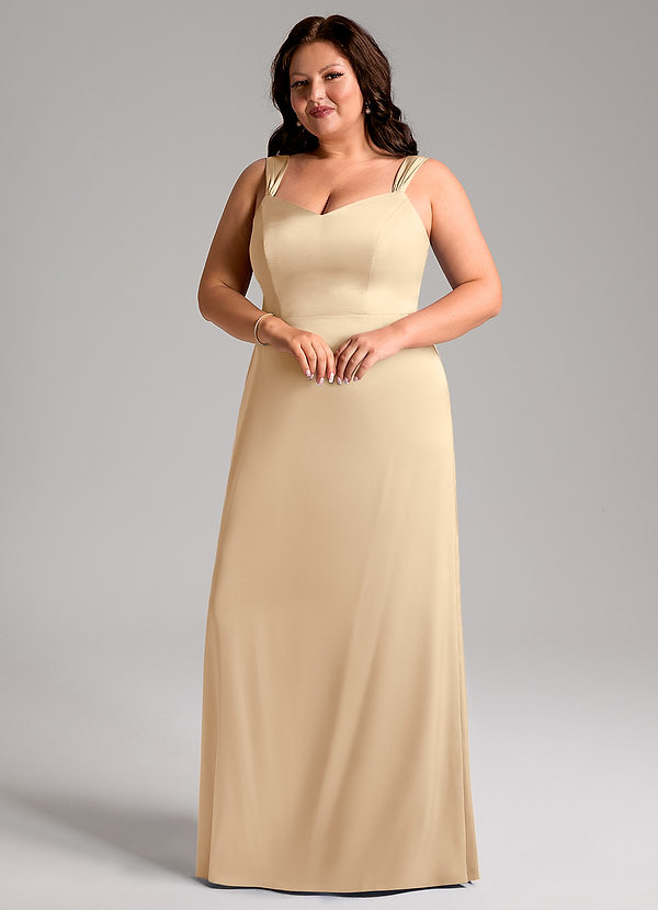 Azazie Denice Bridesmaid Dresses Champagne Sheath Pleated Stretch Satin Dress image1