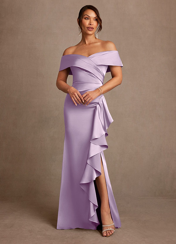 Azazie Kirsty Vestidos de Madre de la Novia Vestido de Lila Esmerilada de Satén Elástico de Corte Recto con Vestidos sin tirantes image1