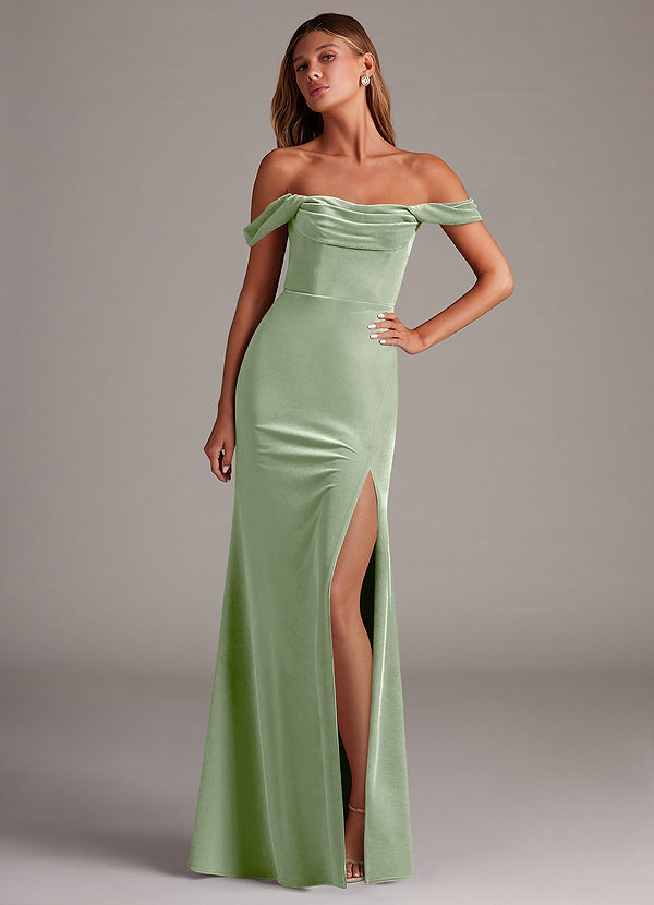 Azazie Saige Robes Demoiselle d'honneur Robe Fourreau Convertible en velours Épaule décolletée Vert Sauge image1