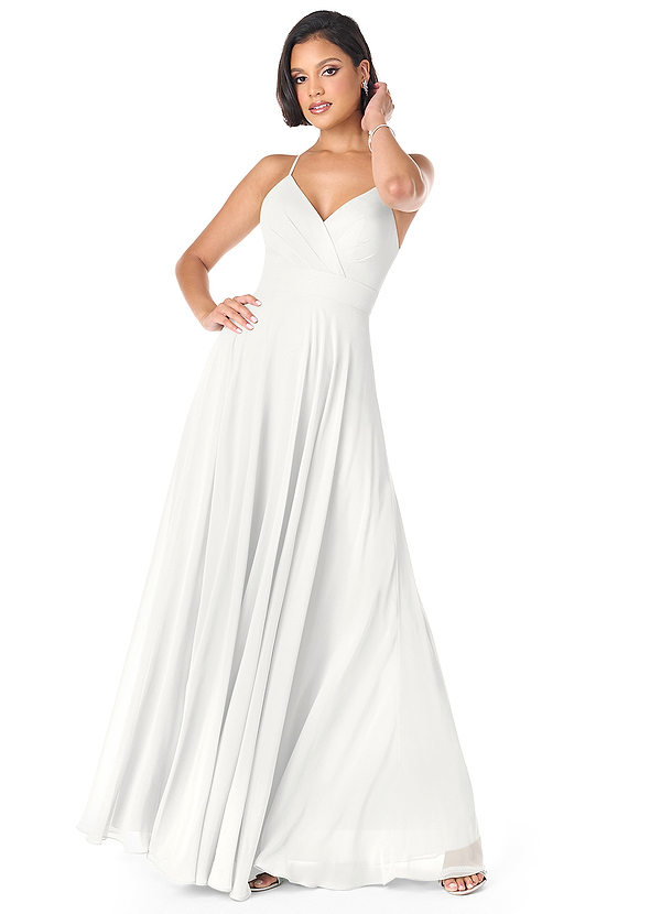 Azazie Avelina Robes de demoiselle d'honneur Robe Trapèze en Mousseline de soie Col V plissé Blanc image1