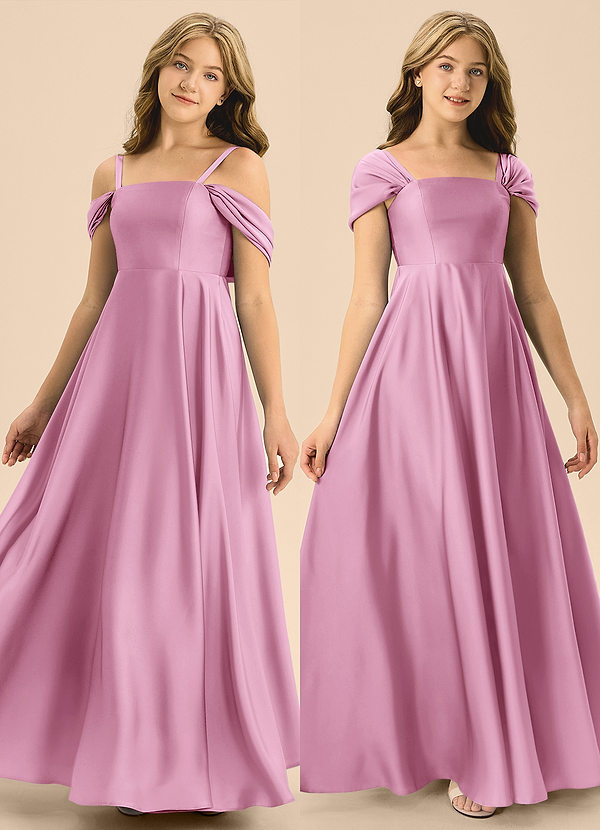 Azazie Rowena Junior Vestido de Rosa Caramelo de Satén Elástico de Corte en A con Lazo image1