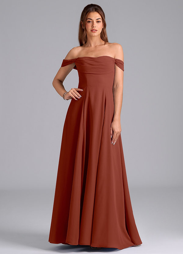 Azazie Almina Robes Demoiselle d'honneur Robe Trapèze Convertible en Mousseline de soie Épaule décolletée Auburn image1