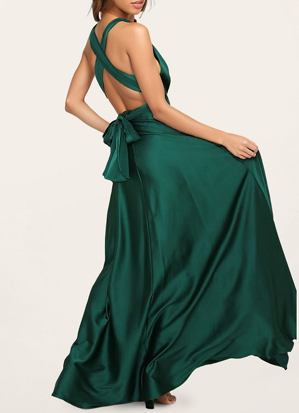 back Magical Romance Dark Emerald Satin Maxi Dress