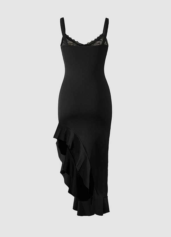 back Alva Black Lace Ruffled Asymmetrical Midi Dress