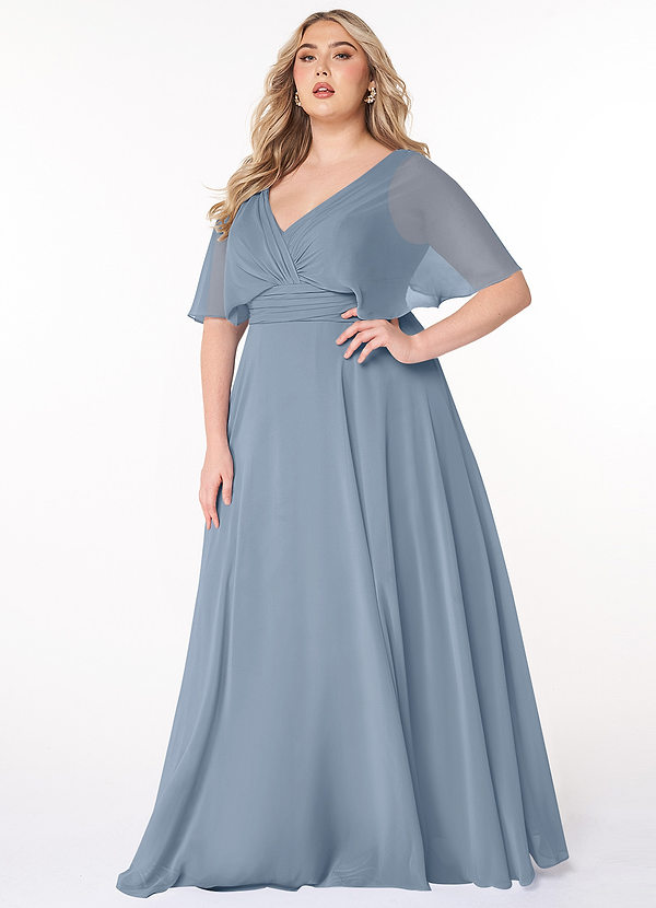 Azazie Pamela Bridesmaid Dresses Dusty Blue A-Line V-Neck Pleated Chiffon Dress image1