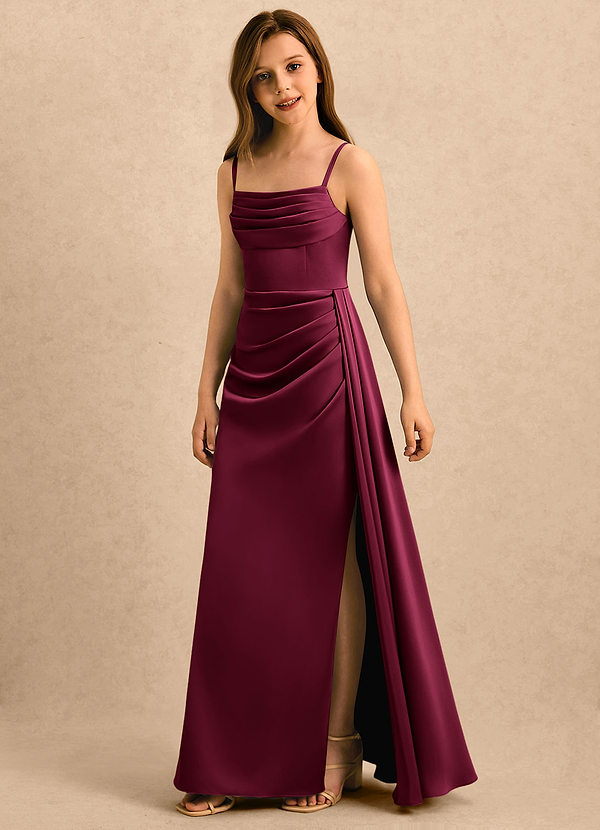 Azazie Shyla Girls Formal Abiti da Damigella Bambina Abito Tubino in Raso Elasticizzato Plissettato Borgogna image1