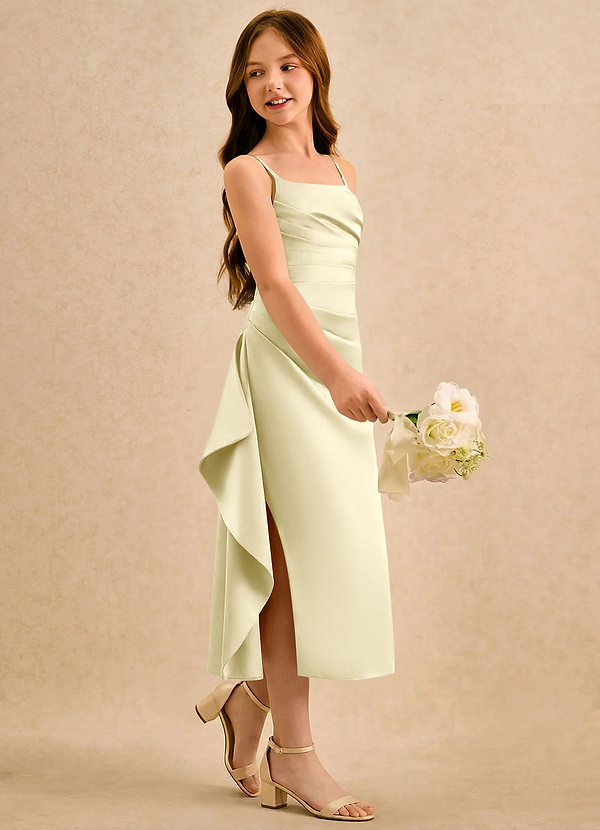 Azazie Canna Girls Formal Sukienki dla dziewczynek sypiących kwiaty Linia A Pofałdowany Satyna elastyczna Długość herbaty Sukienka image1