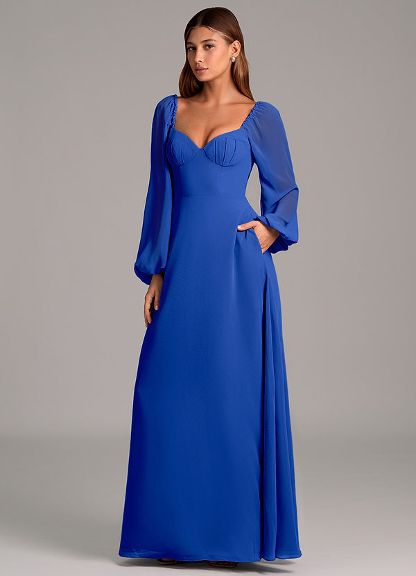 Azazie Annistyn 신부 들러리 드레스 A라인 긴팔 쉬폰 바닥 길이 드레스 image1