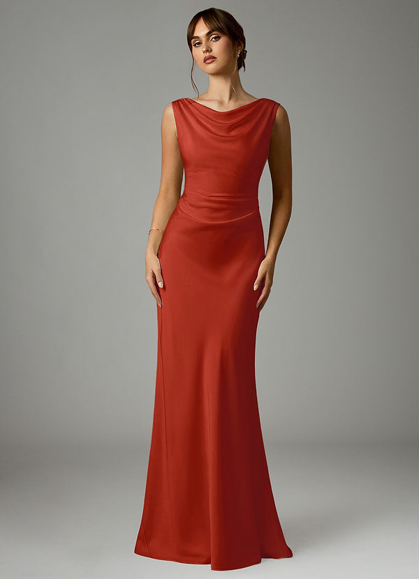 Azazie Kieryn Bridesmaid Dresses Rust Mermaid Pleated Stretch Satin Dress image1