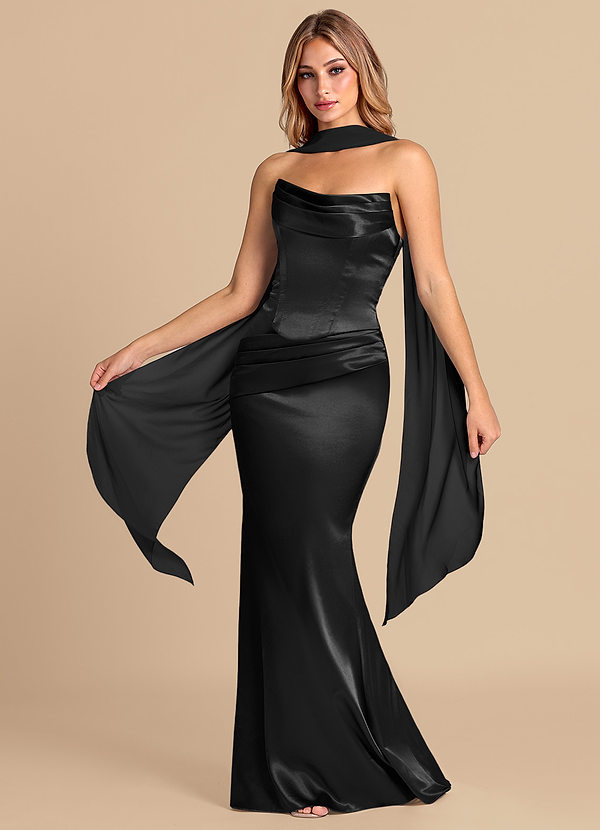 Azazie Sorrel Bridesmaid Dresses Black Mermaid Corset Metallic Satin Convertible Dress image1