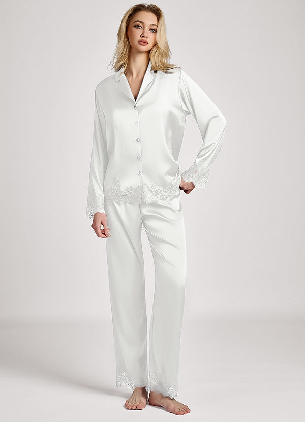 front White Satin Lace Trim Long Sleeve Pajama Set