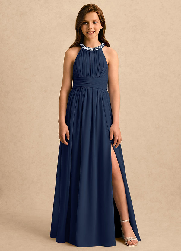 Azazie Aria Girls Formal Abiti da Damigella Bambina Abito A-Line in Chiffon Plissettato Marino Scuro image1