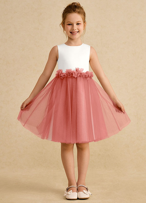Azazie Louisa Robes de cortège enfant Robe Trapèze en Tulle Sans manches Ivoire Rose Saumon image1