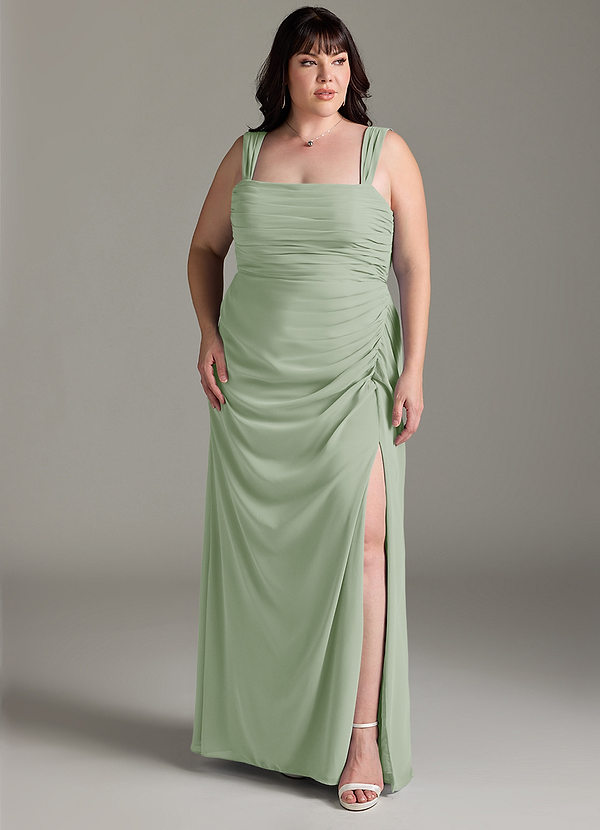 Azazie Jesaphine Robes Demoiselle d'honneur Robe Fourreau en Mousseline de soie Arc Vert Sauge image1