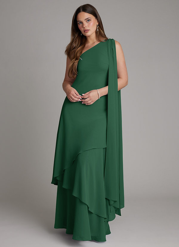 Azazie Monique Vestidos de dama de honor Vestido Verde Oscuro de Gasa de Línea A con Un hombro image1