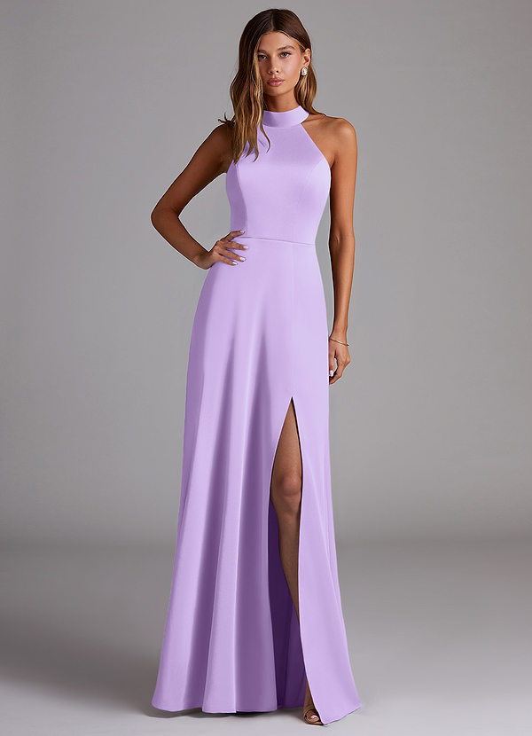 Azazie Myra Bridesmaid Dresses Lilac A-Line Side Slit Stretch Satin Dress image1