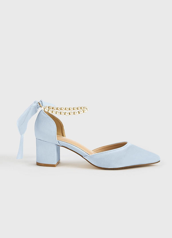 front Matching Color Matte Satin Pearl and Bow Pointed Toe Block Heels