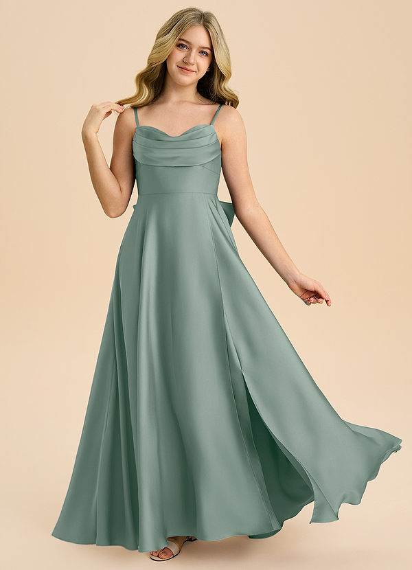 Azazie Bear Junior Abito A-Line in Raso Elasticizzato Scollo a Cuore Salvia Argentata image1