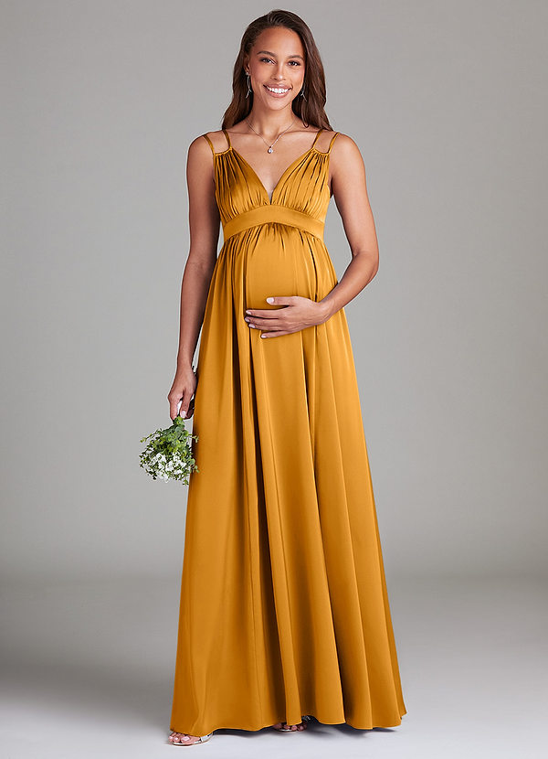 Azazie Emree Maternity Bridesmaid Dresses A-Line Stretch Satin Floor-Length Dress with Pockets image1