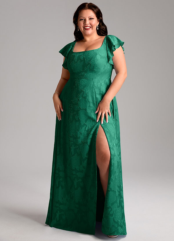 Azazie Bondi Bridesmaid Dresses Emerald A-Line Side Slit Floral Burnout Dress image1