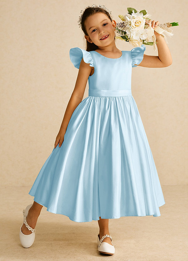 V-Neck Acetate Satin Girl's Dress with Bow Dusty Blue