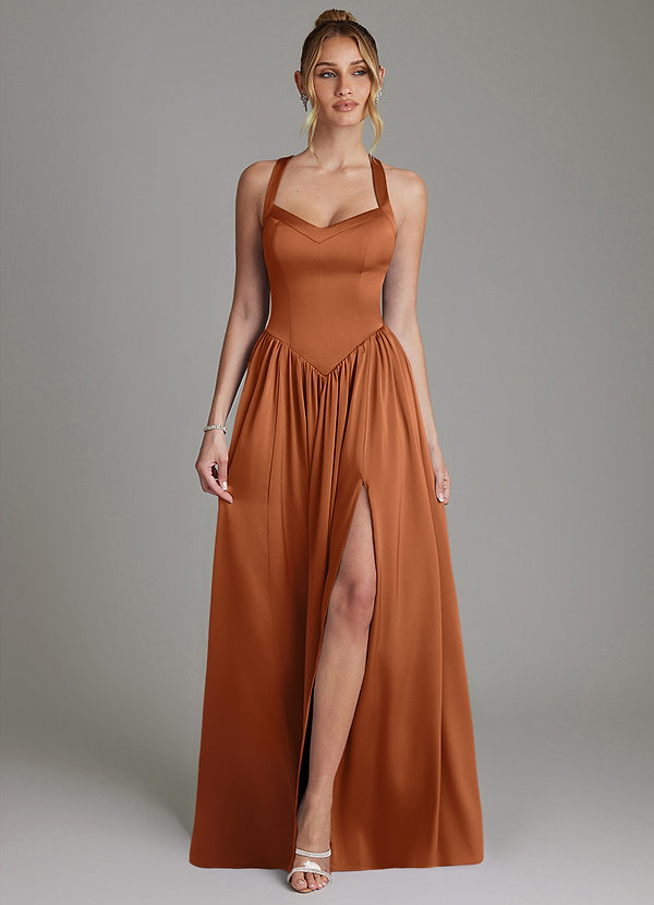 Azazie Francis 신부 들러리 드레스 A라인 코르셋 스트레치 새틴 바닥 길이 드레스 image1