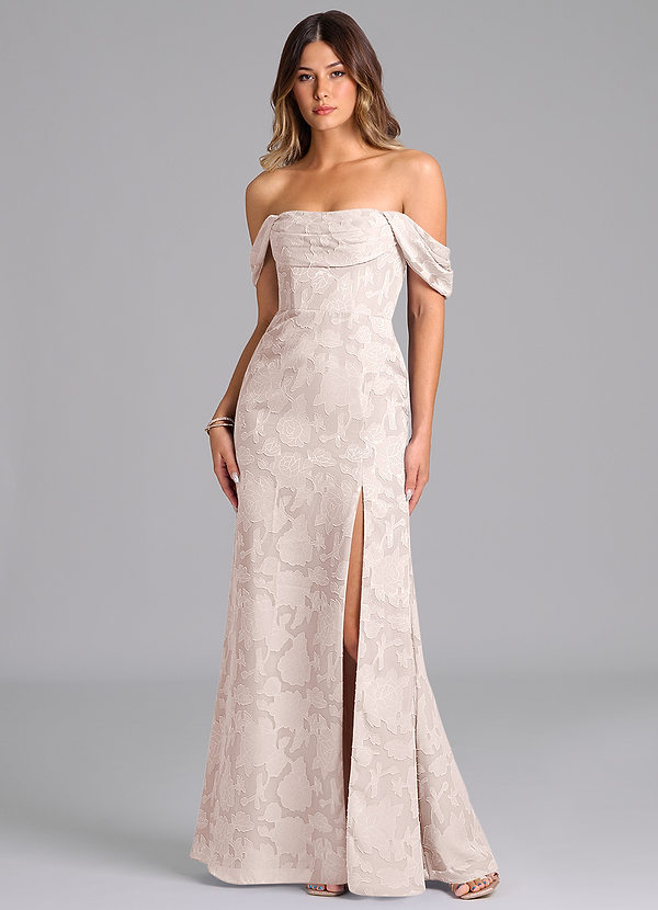 Azazie Saige Bridesmaid Dresses Blushing Pink A-Line Off the Shoulder Floral Burnout Convertible Dress image1