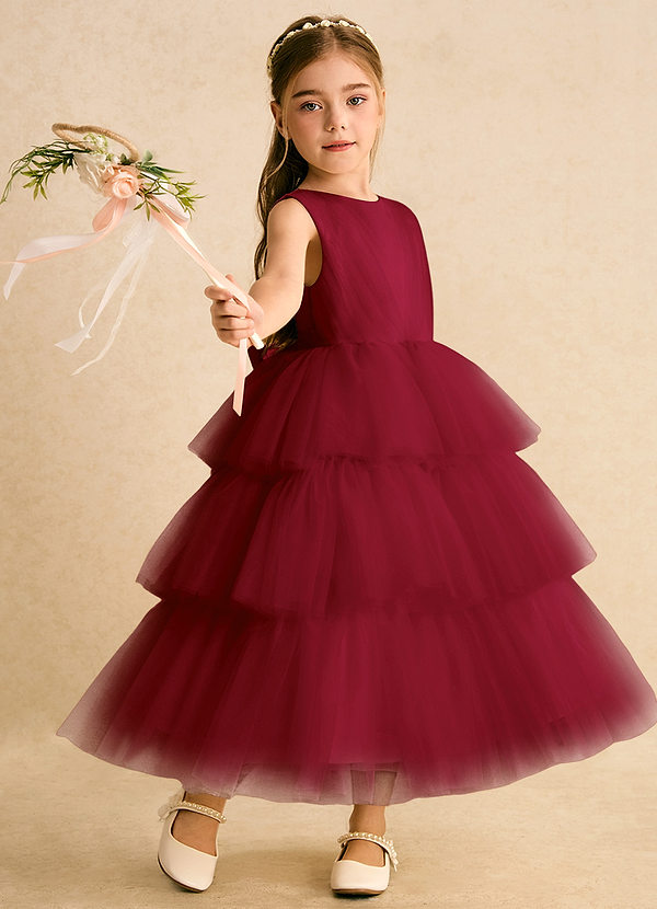Azazie Marshmallow Blumenkinder Kleider Ballkleid Schleifen Tüll Kleid Burgunderrot image1