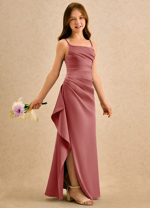 Azazie Cannoli Girls Formal Vestidos de Niña de Flores Vestido de Rosa Antigua de Satén Elástico de Corte en A con Plisado image1