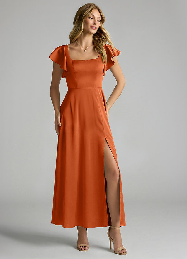 Azazie Bondi 신부 들러리 드레스 A라인 셔링 스트레치 새틴 발목 길이 드레스 image1