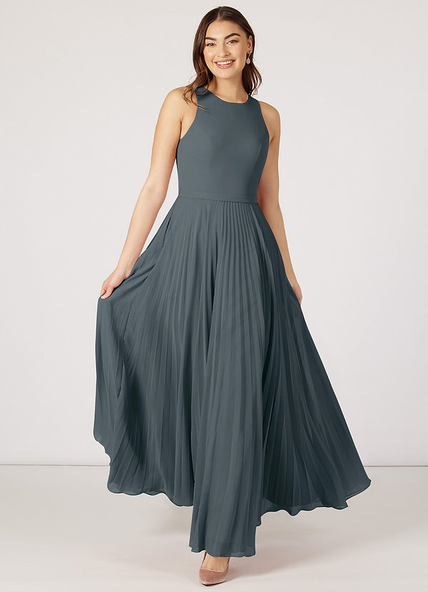 Azazie Lindie Bridesmaid Dresses Pewter A-Line Scoop Pleated Chiffon Dress image1