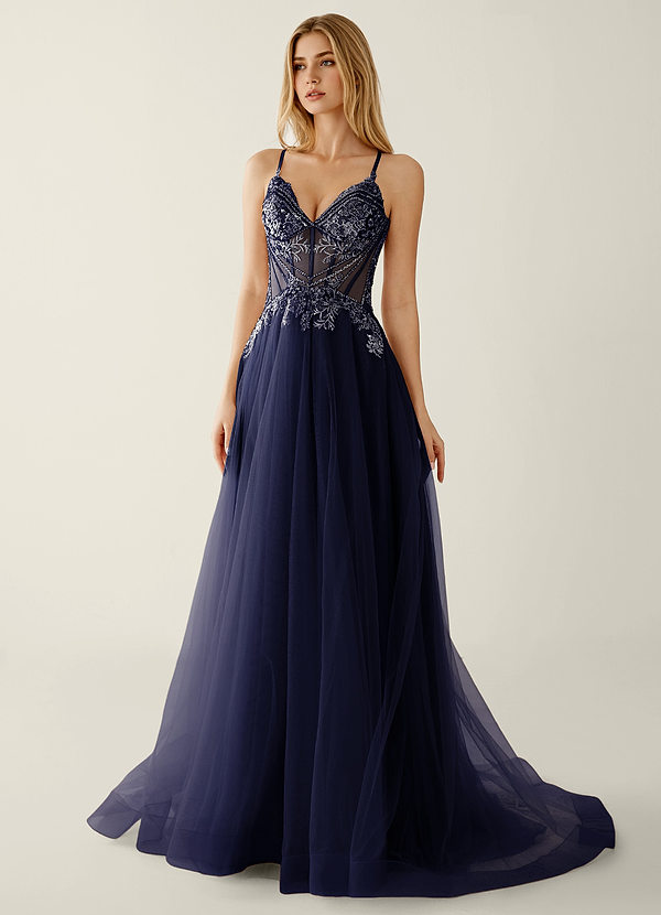 Celestyn Navy Rhinestone Sequin Embroidery Tulle Prom Dress image1