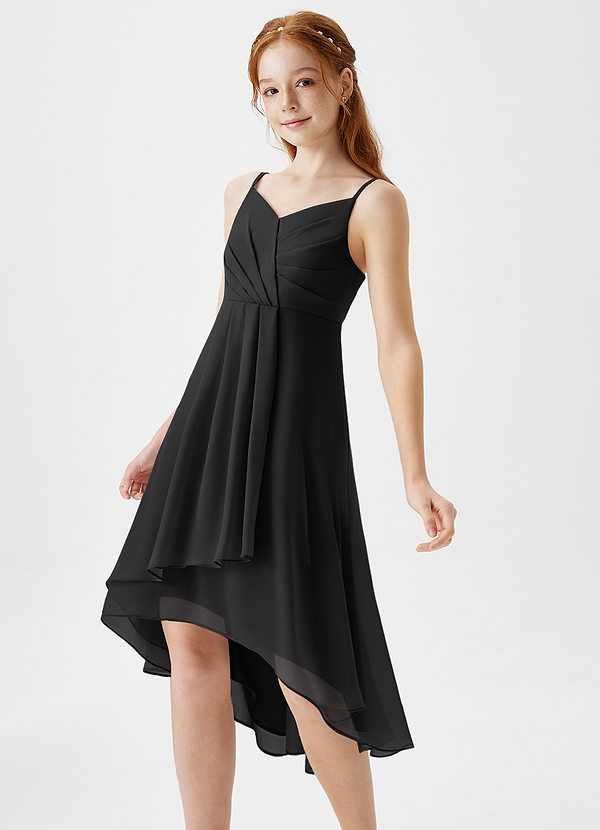 Azazie Mariam Junior Black A-Line Pleated Chiffon Dress image1