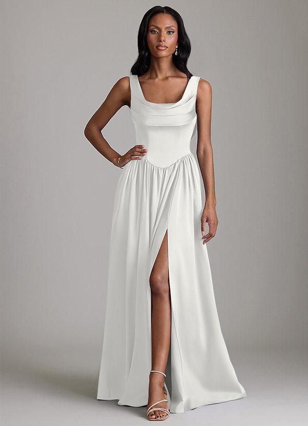Azazie Novi Bridesmaid Dresses White A-Line with Pockets Stretch Satin Dress image1