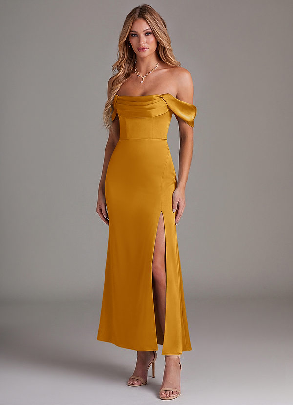 Azazie Saige 신부 들러리 드레스 인어 오프 더 숄더 스트레치 새틴 발목 길이 드레스 image1