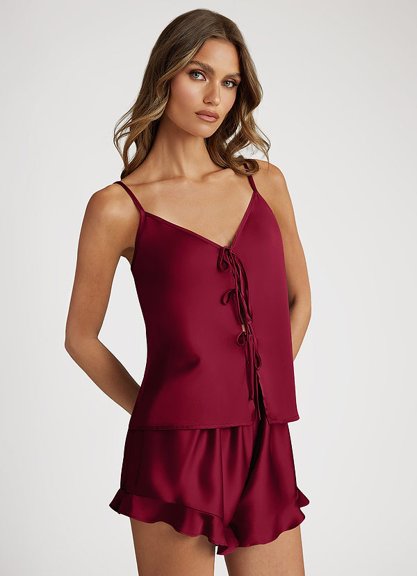 front Burgundy Bows Satin Cami and Shorts Pajama Set