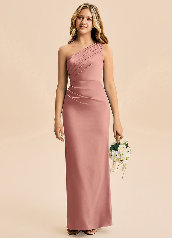 Azazie Akilah Junior Vaippa Pliseerattu Joustava satiini Lattian pituus Nuorempi morsiusneito Pukeutua image1