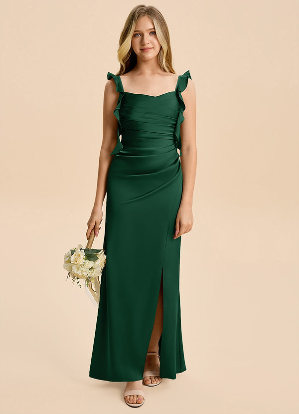 Azazie Jessamine Junior Dark Green A-Line Ruched Stretch Satin Dress image1