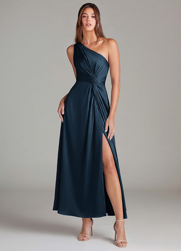 Azazie Brooke Bridesmaid Dresses Dark Navy A-Line One Shoulder Stretch Satin Dress image1