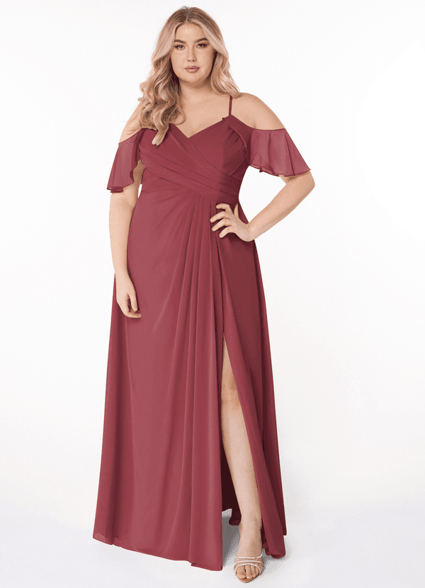 Azazie Dakota Bridesmaid Dresses Merlot A-Line V-Neck Pleated Chiffon Dress image1