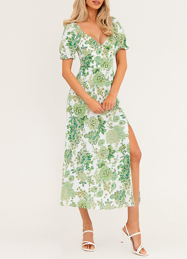 front Robe Vert Longueur Midi à Imprimé Floral et Manches Bouffantes