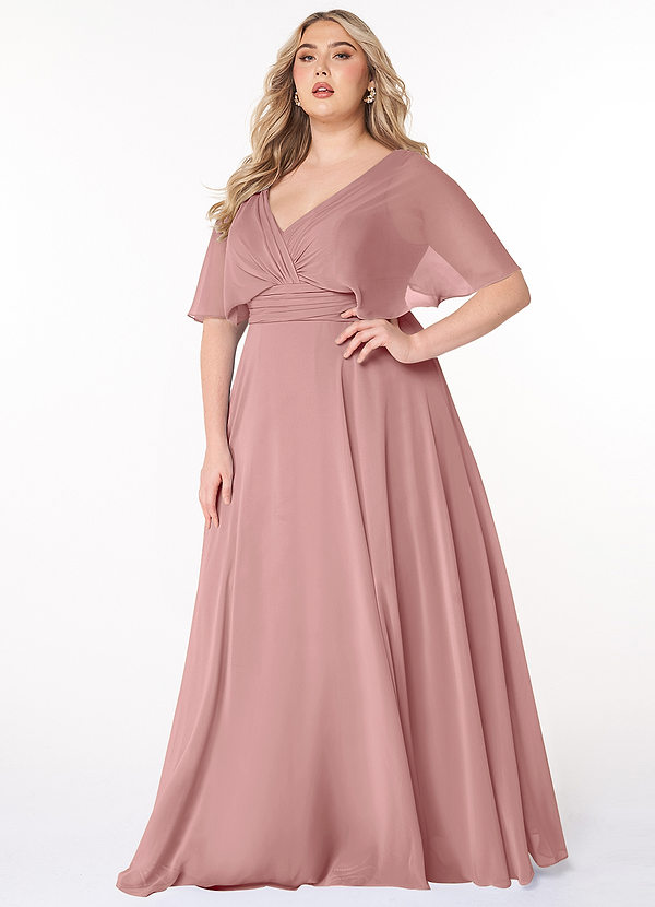 Azazie Pamela Robes Demoiselle d'honneur Robe Trapèze en Mousseline de soie Col V plissé Rose Poussiéreuse image1