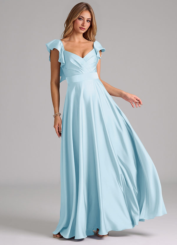 Azazie Leilani Bridesmaid Dresses Sky Blue A-Line Ruched Stretch Satin Dress image1