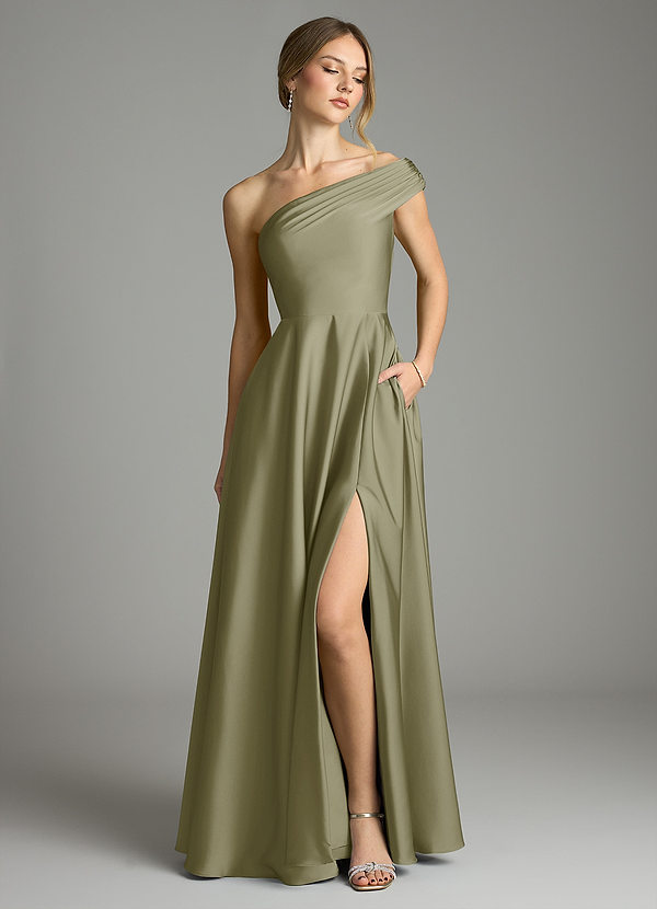 Azazie Melanie Suknie dla druhen Linia A Zza ramienia Satyna elastyczna Do ziemi Sukienka image1