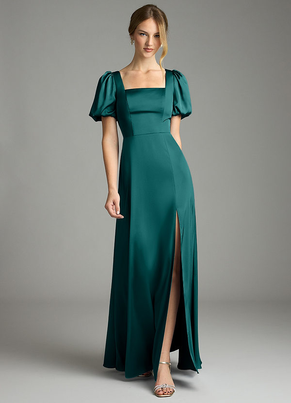 Azazie Fyona Robes de demoiselle d'honneur Robe Trapèze en Satin extensible Plissé Paon image1