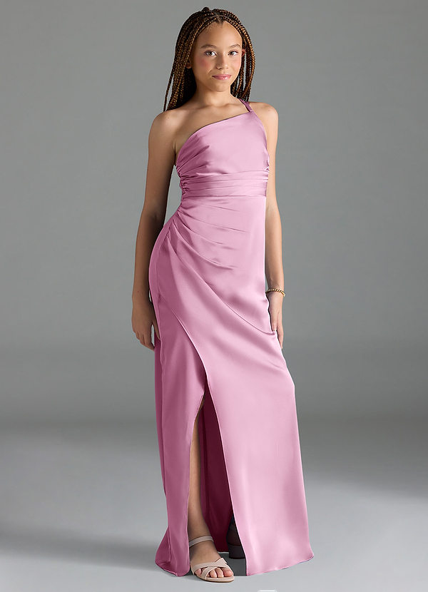 Azazie Eren Junior Candy Pink Sheath Pleated Stretch Satin Dress image1