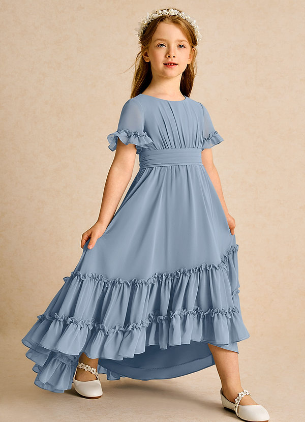 Azazie Kass Robes de Fillette d'Honneur Robe Trapèze en Mousseline de soie Plissée Bleu Poussiéreux image1