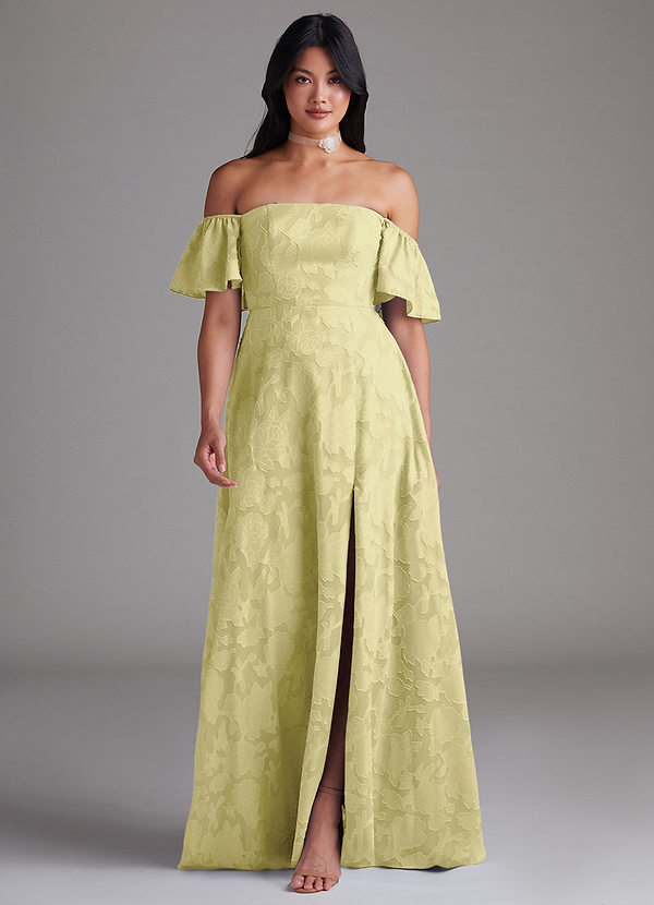 Azazie Sue Bruidsmeisjes Jurken Converteerbaar Jurk van Bloemen Burn-out met A-Lijn Off the Shoulder Citroensorbet image1